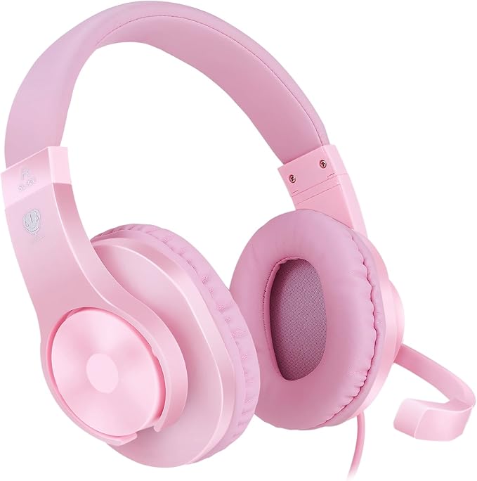 BlueFire Kids Headphones for Online School, Children, Teens, Boys, Girls, 3.5mm Stereo Over-Ear Gaming Headphone with Microphone and Volume Control for PS4, PS5, New Xbox One（Pink）