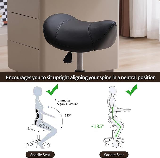 FIRAVOE Saddle Stool, Swivel Saddle Stools with Wheels, Adjustable Rolling Stool 18"-26", Faux Leather Rolling Saddle Stool for Salon, Massage, Clinic, Lab, Office (Black, 1PCS (18"-26"))