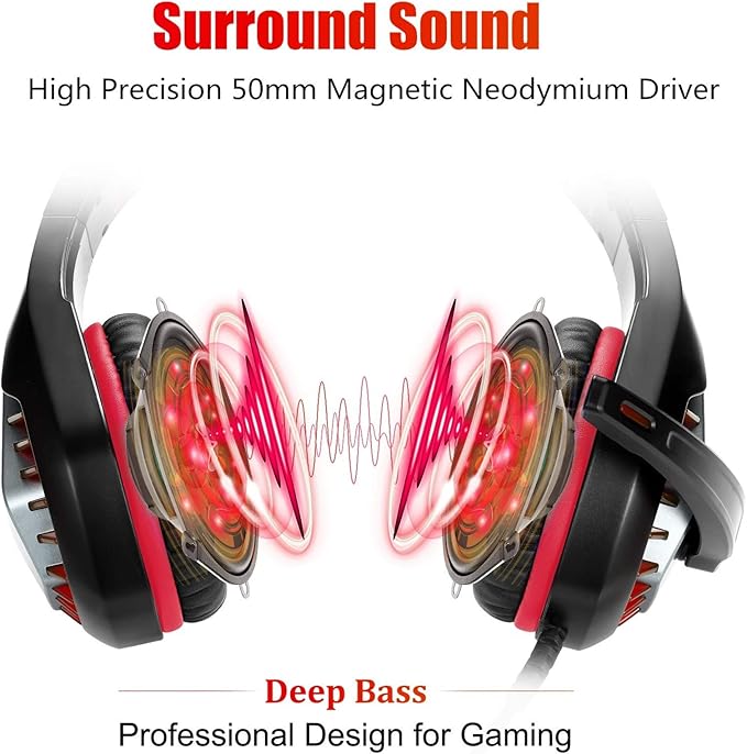 Gaming Headset for PS4, Xbox One, PC, PS5, Laptop, Mac, Nintendo Switch, 3.5MM Noise Cancelling Over Ear Headphones with Mic, Bass Surround, Soft Memory Earmuffs (red)