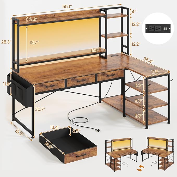 SEDETA 55" L Shaped Desk with Hutch, Corner Computer Desk with Drawers & Shelves, Reversible L Shaped Gaming Desk with Power Strip & LED Lights, Monitor Stand, Headphone Hook, Rustic Brown