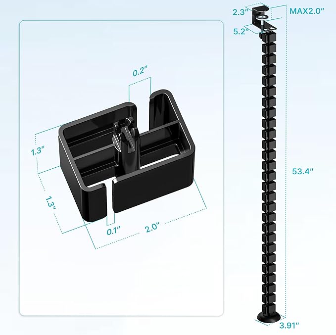 PEGZONE Under Desk Cable Management Spine – Flexible Cable Snake Organizer for Standing Desk, No Drill Clamp-on Vertebrae Wire Management for 0.4"-2" Table, Black