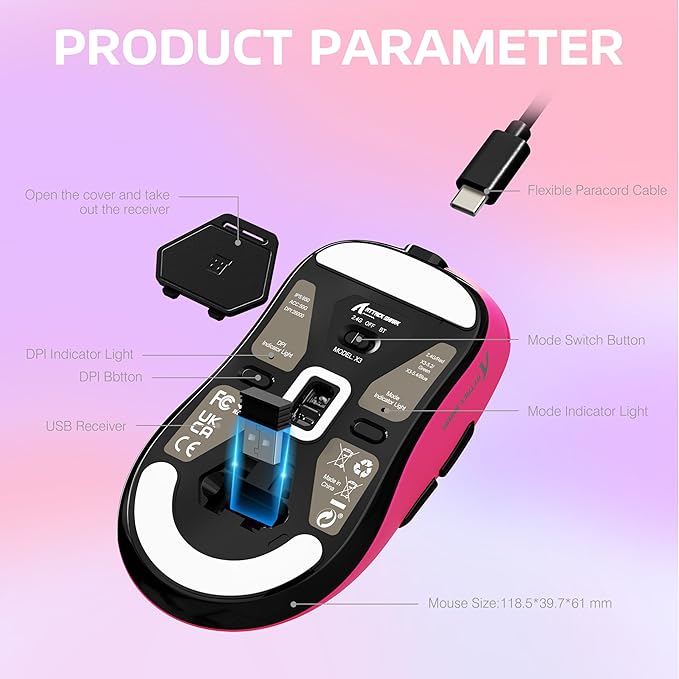 ATTACK SHARK X3 Lightweight Wireless Gaming Mouse with Tri-Mode 2.4G/USB-C Wired/Bluetooth,Up to 26K DPI, PAW3395 Optical Sensor,Kailh GM8.0 Switch,5 programmable Buttons for PC/Win/Mac(Berry Red)