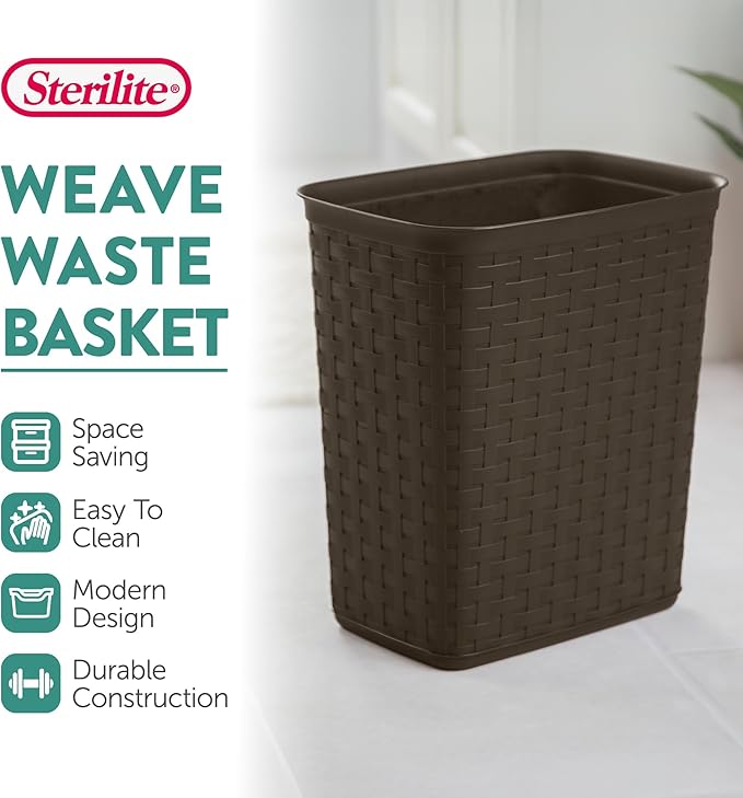 Sterilite 3.4 Gallon Weave Wastebasket, Small, Decorative Trash Can for the Bathroom, Bedroom, Dorm Room, or Office, Espresso Brown, 6-Pack