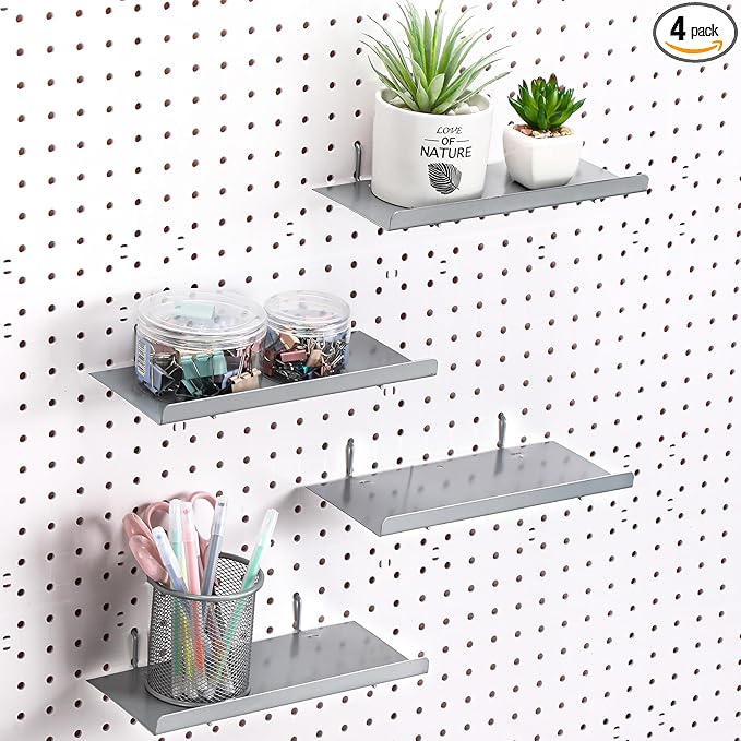 Beeveer 4 Pcs Pegboard Shelves Wall Organizer Brackets Pegboard Steel Tray Accessories Organizing Tools for Craft Garage Nursery Workbench Kitchen(10.04 x 4.33 Inch,Silver)