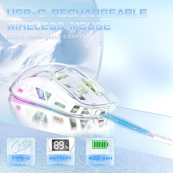 ZIYOU LANG A2 Transparent Wireless Gaming Mouse with Battery Level Display,Bluetooth/2.4G Wireless PC Mice,3D RGB Backlit,5 Million Clicks,PixArt 3212,up to 4000 DPI for Win/MAC (White)