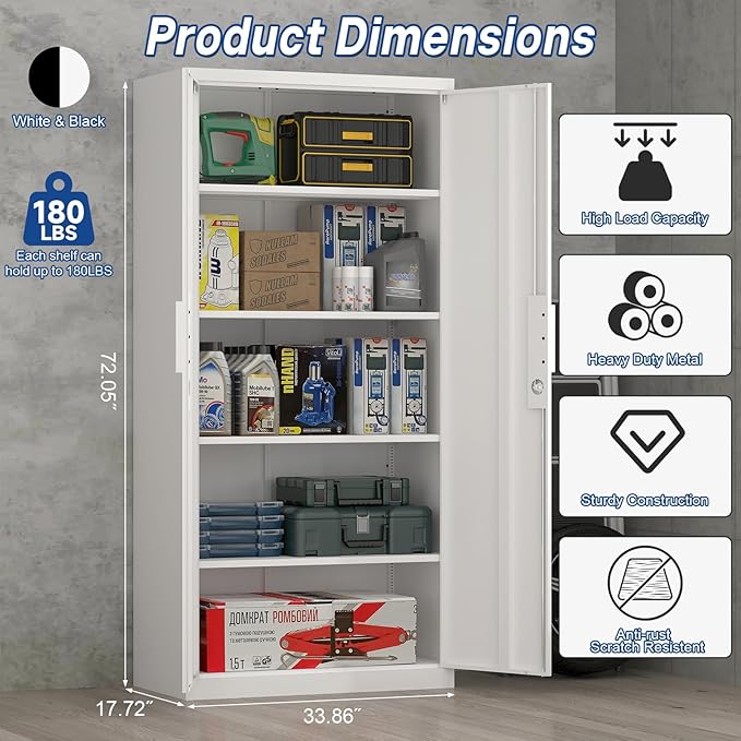 Metal Garage Storage Cabinets with Lock, 72" H White Storage Cabinet with Doors and Adjustable Shelves, Lockable File Cabinet, Steel Tool Cabinets for Home, Office, Garage, Shop, School