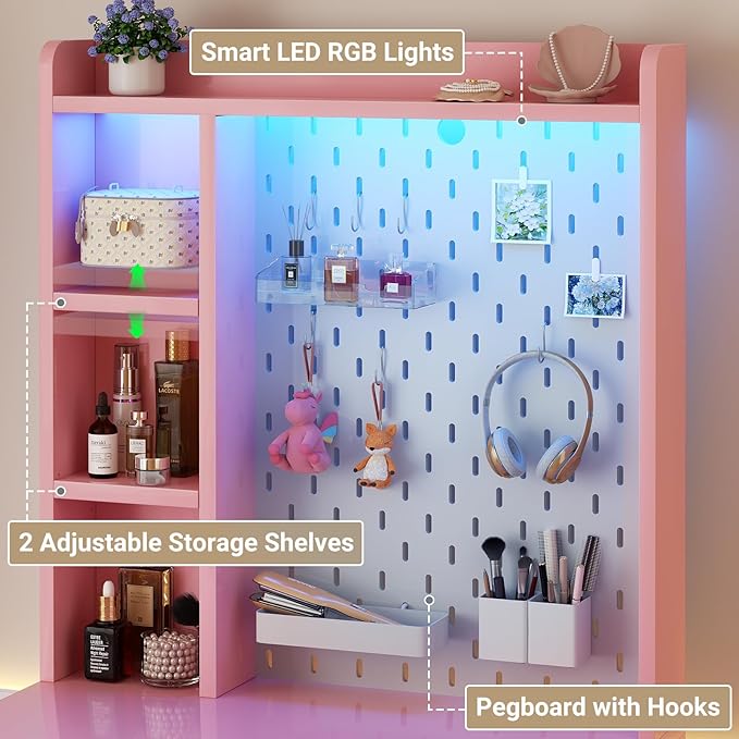 Besiost Small Vanity Desk with Hutch and Drawers, Pink Makeup Vanity Desk with Outlets, Vanity Table Dressing Table with LED Lights, Vanity Desks No Mirror with Pegboard for Girls Women, 24"