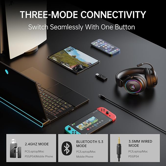 EKSA 2.4GHz Wireless Gaming Headset for PS5,PC,PS4,Switch,Mobile,Mac, Bluetooth Gaming Headphones with Microphone, RGB, 30ms Latency, 50H Battery, USB & Type-C Ultra, PC Wired Gaming Headset for Xbox