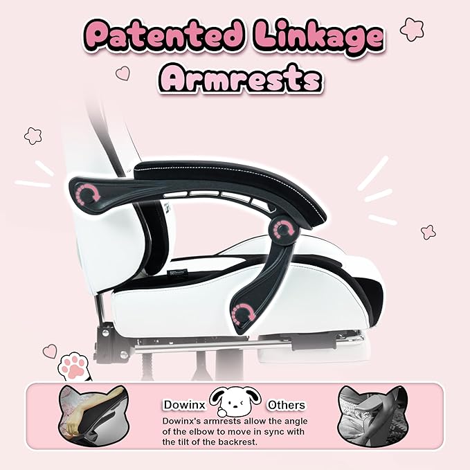 Dowinx Gaming Chair Cute with Plush Doggy and Massage Lumbar Support, Ergonomic Computer Chair for Girl with Footrest and Headrest, Comfortable Game Chair 290lbs for Adult, Teen, Black and White