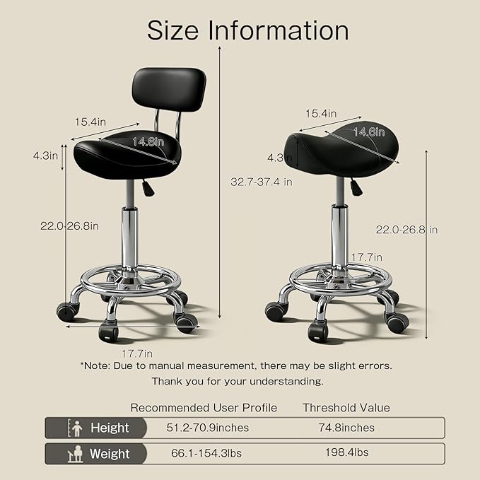 Saddle Stool, Adjustable Height Ergonomic Swivel Chair with Wheels, PU Leather Saddle Seat with Ring Pedal for Salon, Massage, Clinic, Lab, and Office