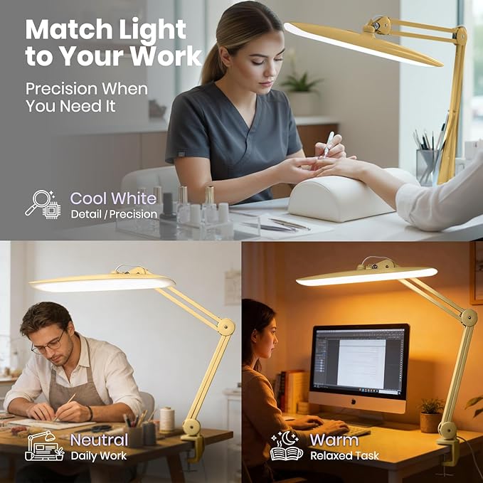 Neatfi XL 2200 Lumens 20W LED Desk Lamp with Clamp – Adjustable Color Temperature | 4-Level Dimmable Light | Home Office, Crafts & Workbench | 20-Inch Wide Head (Gold, CCT with Clamp)