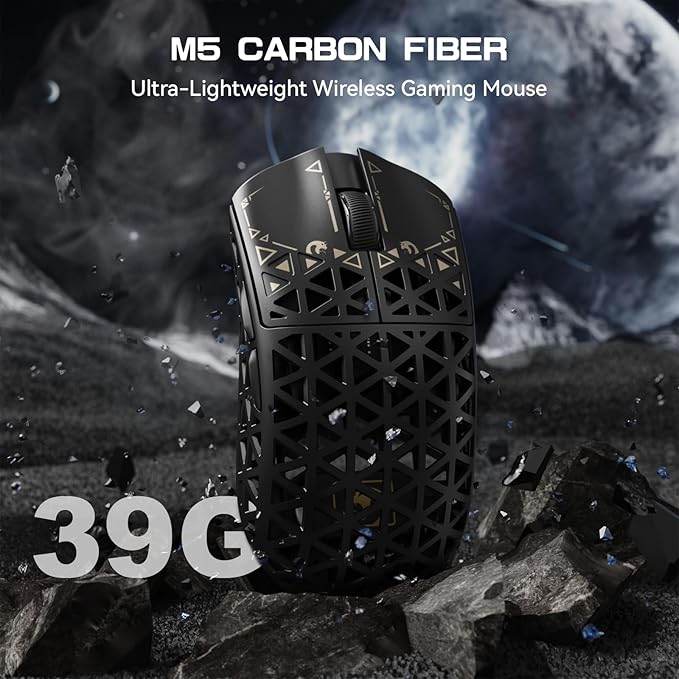 MAMBASNAKE M5 Ultra Carbon Fiber Mouse, 39g Superlight, 42000DPI, PAW3950MAX Sensor, Nordic 52840 Chip, Coiled Cable for PC/Mac (Black)