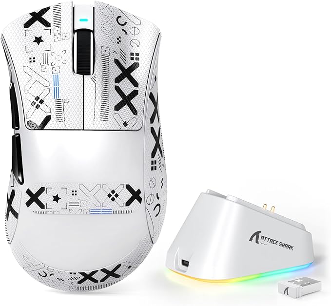 MAMBASNAKE Attack Shark V3 PRO 62g Superlight Wireless Gaming Mouse,RGB Charging Dock,BK52820 Tri-Mode BT/2.4G Wireless/Wired Mouse with Grip Tape,25000DPI,5 Programmable Buttons for Pc/Mac,White PRO