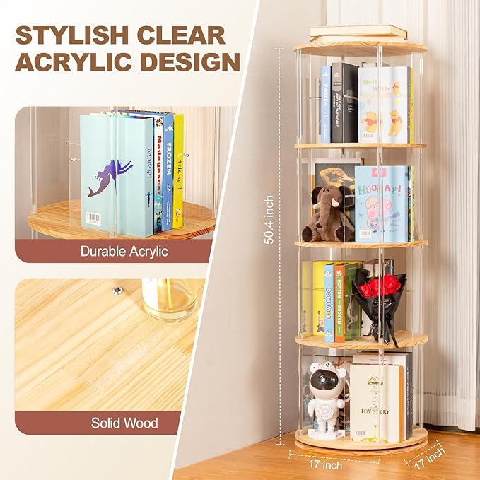 TAKEKIT 360° Rotating Bookshelf, 4-Tier Spinning Book Shelf Tower with Solid Wood & Clear Acrylic, Round Revolving Bookcase for Living Room, Bedroom and Office