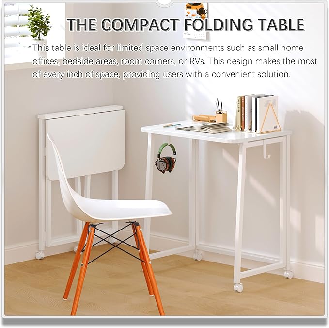 4NM 23.6" Mobile Small Folding Desk, Foldable Rolling Computer Home Office Desk, Study Writing Table for Small Space Saving Bedroom, with Wheels - All White