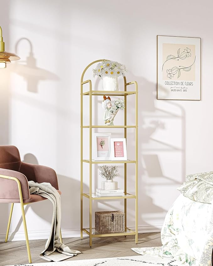 Hzuaneri Bookcase Bookshelf, Tempered Glass Bookshelves, Slim Shelving Unit for Bedroom, Bathroom, Home Office, Steel Frame, 6 Tier Gold BC10601G