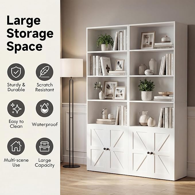 YESHOMY Farmhouse Bookshelf and Bookcase with Doors, Industrial Bookshelves and Bookcases Floor Standing Display 6-Tier Shelf Storage Shelves 71.5 inchs for Home Office, Living Room, White, 2 PCS