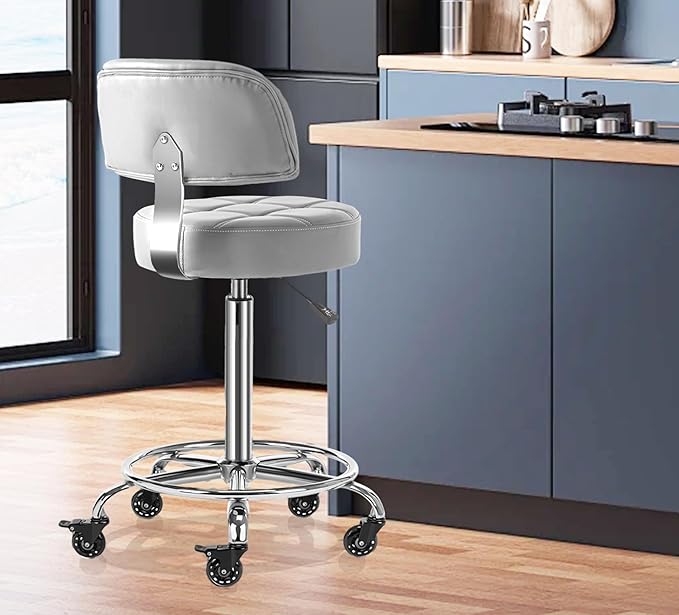 Lockable Stool with Back and Foot Rest Ergonomic Rolling Hydraulic Adjustable Stool for Doctor Esthetician Artist Home Small Office Desk (Grey, 24''-31'')