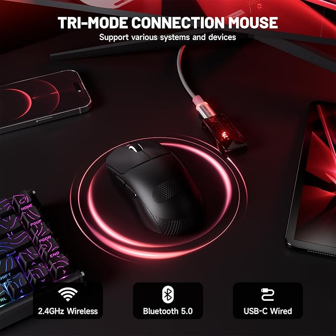 ATTACK SHARK X8 Ultimate Wireless Gaming Mouse,PAW3950MAX 42K DPI Sensor,Nordic 54L15 MCU,Wireless/Wired Dual 8K Polling,Optical Switch,59g Lightweight Tri-Mode Mice with Coiled Cable-Black&Griptape