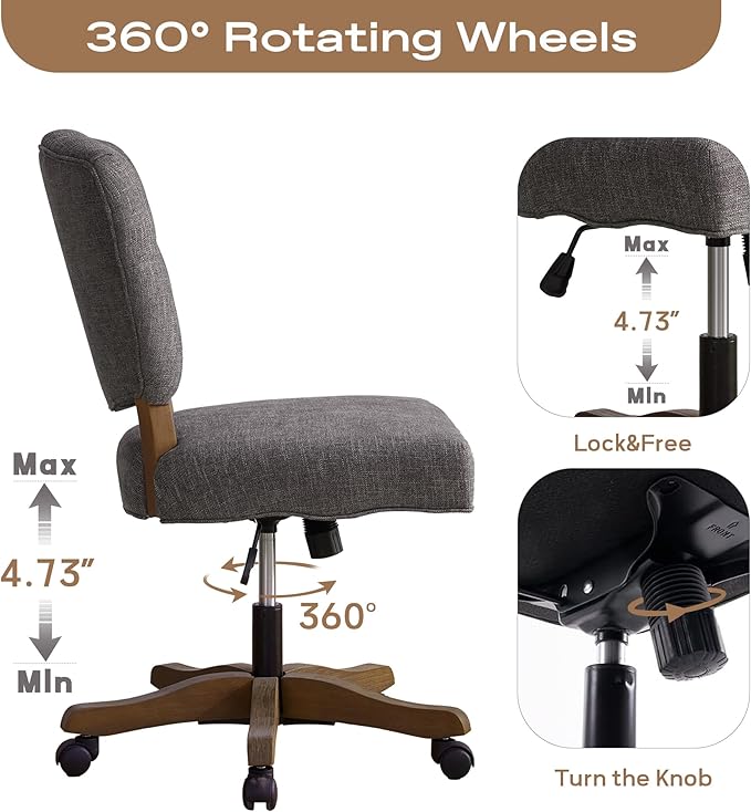 HUIMO Upholstered Swivel Desk Chair Chenille Tufted Fabric Home Office Chair with Wheels Adjustable Height Classic Task Chair with Wooden Legs Comfortable Armless Chair for Studio Study (Grey)