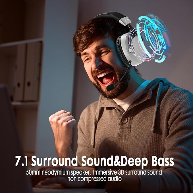 Wireless Gaming Headset for PS5, PS4, PC, Nintendo Switch, 2.4GHz USB Gaming Headphones, Bluetooth 5.3, 50H Battery, Noise Canceling Microphone, ONLY 3.5mm Wired Mode for Xbox Series-Black and White