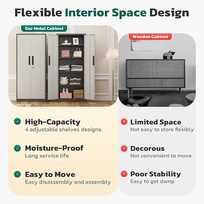 Greenvelly 63" H Metal Storage Cabinet Grey White, Locking Metal Cabinet, Store Tools, Clothes, Tableware and Toiletries, Garage Cabinets with Adjustable Shelves for Office, Home, Garage, Pantry