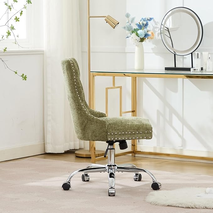 Goujxcy Desk Chair, Modern Chenille Upholstered Tufted Button Home Office Chair, 360° Swivel Armless Desk Chairs, 120°Rocking Ergonomic Computer Task Vanity Chairs, Green