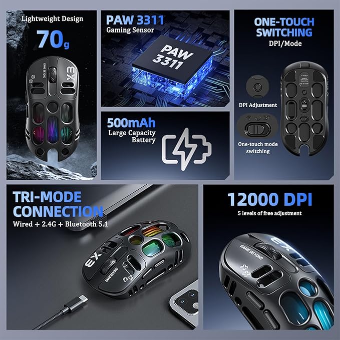 X3 Wireless Gaming Mouse with 70g Lightweight Hollowed Out Design – 12,000 DPI PAW 3311 Sensor, 6 Programmable Buttons, Support Wired/2.4GHz/BT for PC/Mac/Gamer (Black)
