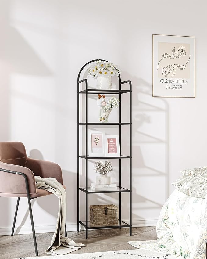 Hzuaneri Bookcase Bookshelf, Tempered Glass Bookshelves, Slim Shelving Unit for Bedroom, Bathroom, Home Office, Steel Frame, 5 Tier Black BC05001B