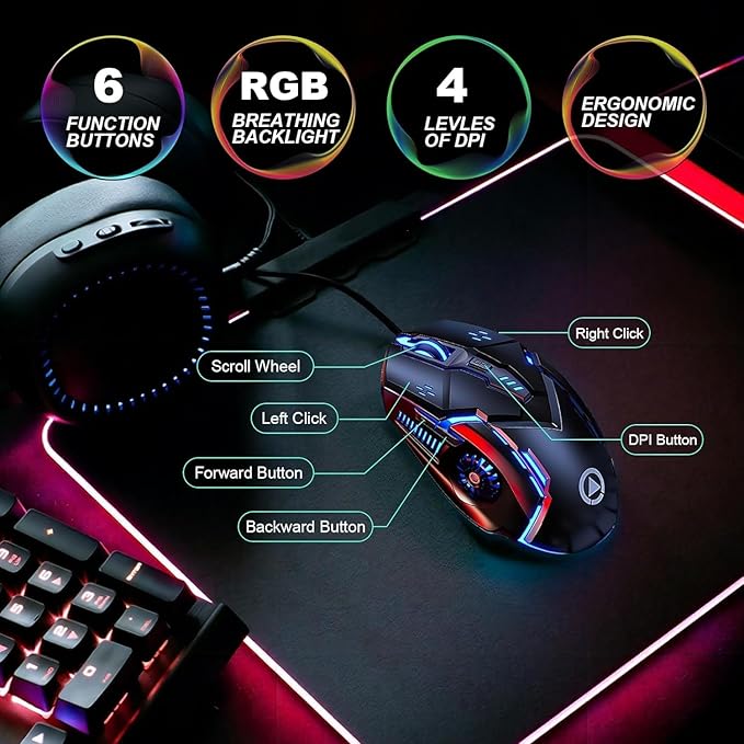 CHONCHOW Silent Click Mouse, Gaming Mouse Wired, 6 Button,4 DPI Upto 3200 DPI, RGB Lights, Compatibility for PC/Laptop/Mac, Wired Mouse Used for Games and Office (Black(Silent Click))