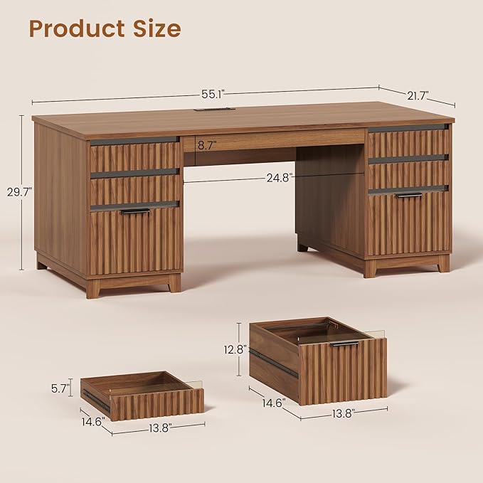 SEDETA 55.1" Fluted Office Desk with 6 Drawers, Modern Executive Desk with Acrylic File Drawers, Computer Desk with Power outlets for Home Office and Study (Brown)