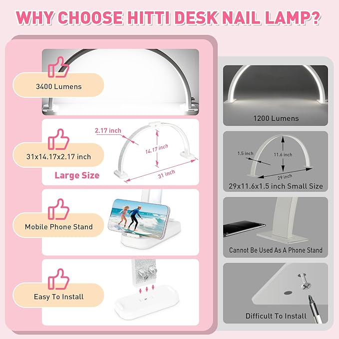 HITTI 31in Half Moon Light for Nail Desk, Foldable, Phone Stand, LED Adjustable Brightness and Color, 48W, Arch Nail Tech Table Lamp for Manicure, Craft, Art, Eyelash Extension (Crystal Diamond)