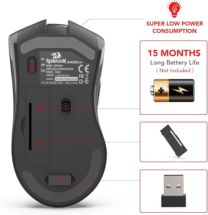Redragon M652 Optical 2.4G Wireless Mouse with USB Receiver, Portable Gaming & Office Mice, 5 Adjustable DPI Levels, 6 Buttons for Desktop, MacBook, Notebook, PC, Laptop, Computer