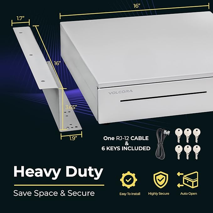 Volcora Cash Register Drawer with Under Counter Mounting Bracket - 16" White Drawer for POS, 5 Bill 6 Coin Cash Tray, Removable Coin Compartment, 12-24V RJ11/RJ12 Key-Lock, Media Slot - for Business