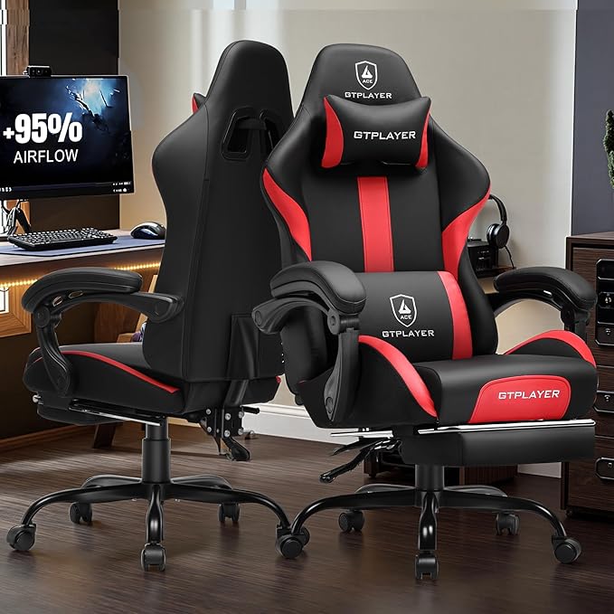 GTPLAYER Gaming Chair with Foot Rest & Pocket Spring Cushion, Ergonomic High Back Computer Chair with Headrest & 360°-Swivel Seat for Home Office Desk, PU Leather, Red