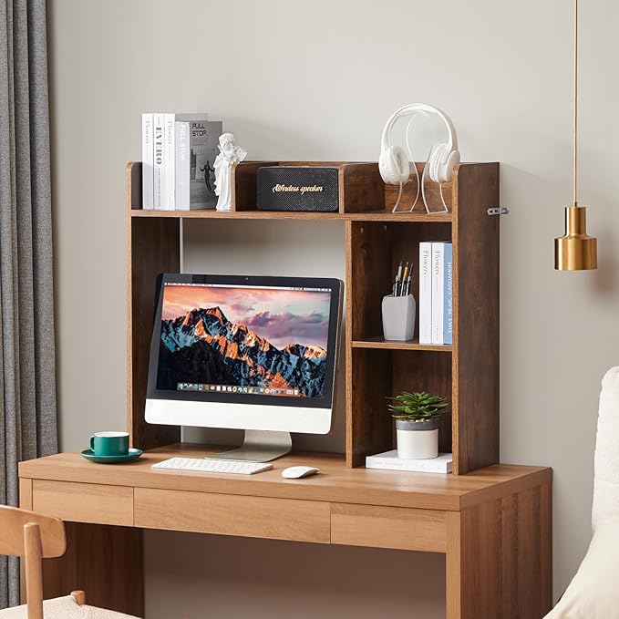 Nromant Desktop Bookshelf, Wooden Desk Storage Hutch with 5 Shelves, 3-Tier Desktop Display Organizer Rack for Office Home (Brown, 5 Shelves A)