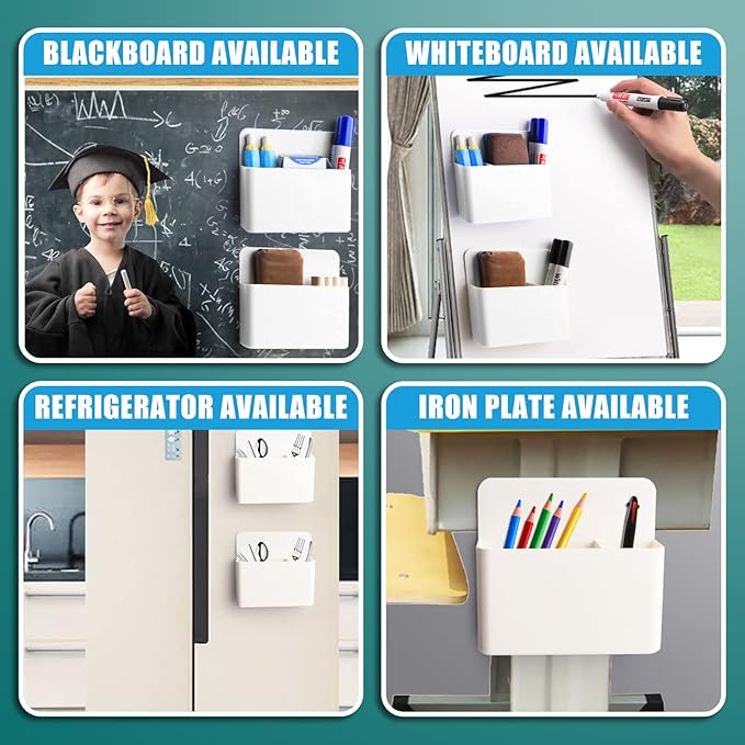 noonebutyou 4-in-1 Magnetic Marker Holder - Dry Erase, Wall Mount, Self-Adhesive Pen Holder for Whiteboard, Fridge, Home Office, School (White)