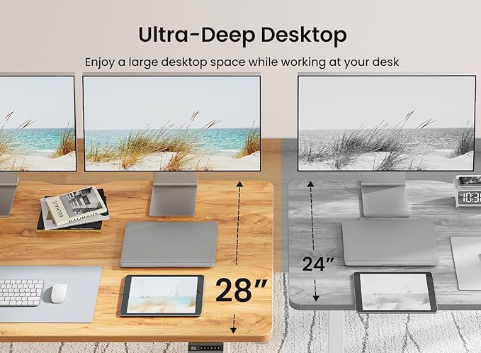 BANTI 63 × 28 Inches Standing Desk, Ergonomic, Electric Height Adjustable, Sit and Stand Up, Computer Desk with a Deeper Desktop, White Frame/Light Rustic Top