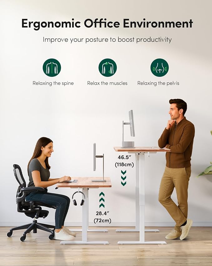 CubiCubi 40 x 24 Small One-Piece Standing Desk, Adjustable Height Electric Computer Sit Stand up Home Office Workstation, with 4 Memory Presets, Headphone Hook, Light Rustic
