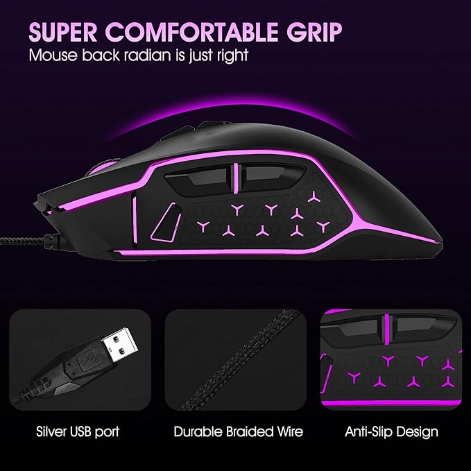 LeadsaiL Gaming Mouse Wired RGB PC Gaming Mice, 7200 DPI, 8 Programmable Buttons, 6 Color Backlight, Ergonomic Optical Computer Mouse for Desktop PC Laptop Gamer & Work