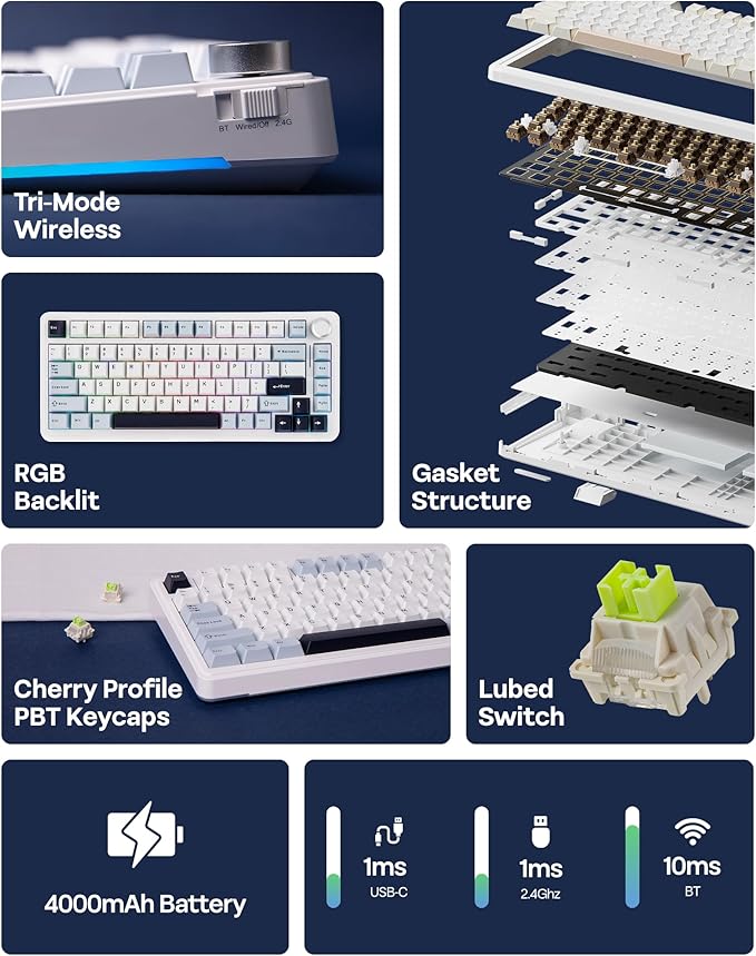 EPOMAKER EA75 75% RGB Gaming Mechanical Keyboard, 2.4GHz/Type-C/BT Creamy Wireless Keyboard with Knob, Shine Through PBT Keycaps, Hot Swappable for Gamers (Light Blue, Reaper Switch)