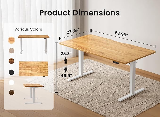 BANTI 63 × 28 Inches Standing Desk, Ergonomic, Electric Height Adjustable, Sit and Stand Up, Computer Desk with a Deeper Desktop, White Frame/Light Rustic Top