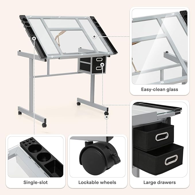 Drafting Table with Adjustable Tilt Angle Board, Drawing Table Tempered Glass Top, Art Desk with Metal Frame Craft Desk for Artist with Fabric Drawers, Rolling Casters and Trays