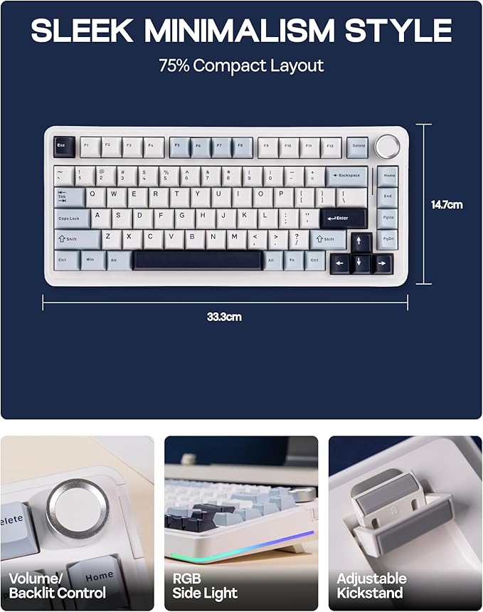 EPOMAKER EA75 75% RGB Gaming Mechanical Keyboard, 2.4GHz/Type-C/BT Creamy Wireless Keyboard with Knob, Shine Through PBT Keycaps, Hot Swappable for Gamers (Light Blue, Reaper Switch)