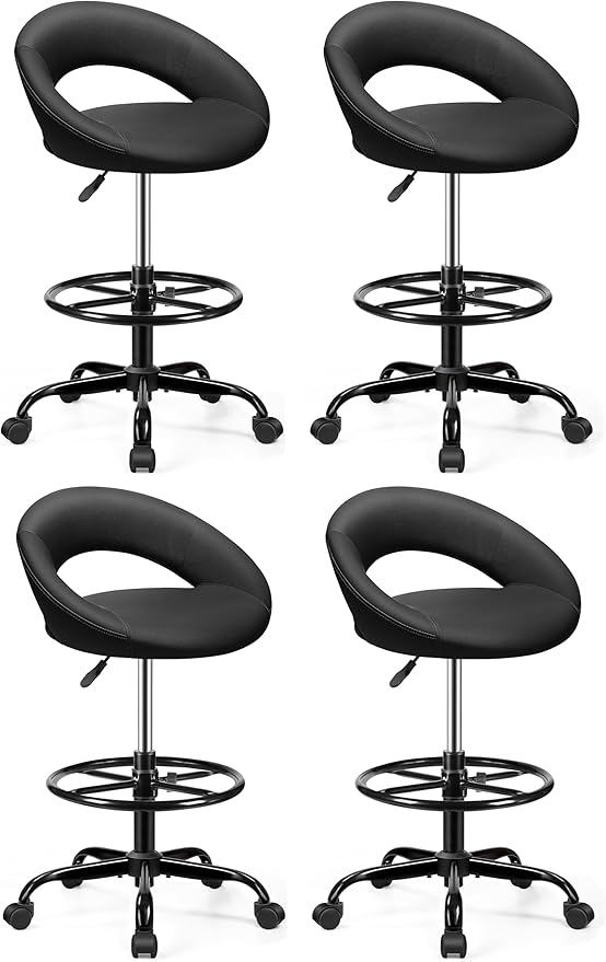 BESTFAIR Office Drafting Chair - Bar Stools with Back Support, Adjustable Foot Rest and Wheels, Shop Rolling Swivel Chair for Standing Desk Counter Kitchen Salon Home Vanity, Black 4 Pack