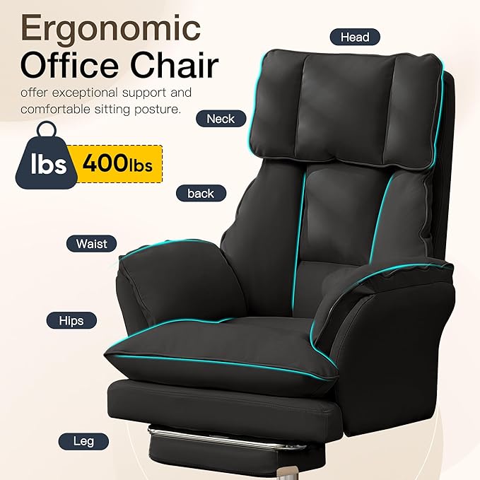 Ergonomic Cloud Cross Legged Office Chair with Footrest,Leather Big and Tall Executive Chair with Wheels,Reversible Armrest,155° Reclining Computer Wide Desk Chair for Home,Office (Black)