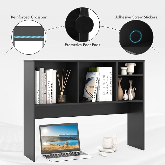 ReunionG Desk Hutch 2-Tier, Wood Hutch Top Only w/4 Shelves for Computer Monitor, Laptop, Dressing Table, Desk Organizer Display Rack Desktop Bookshelf for Home, Office, Dorm (Black)