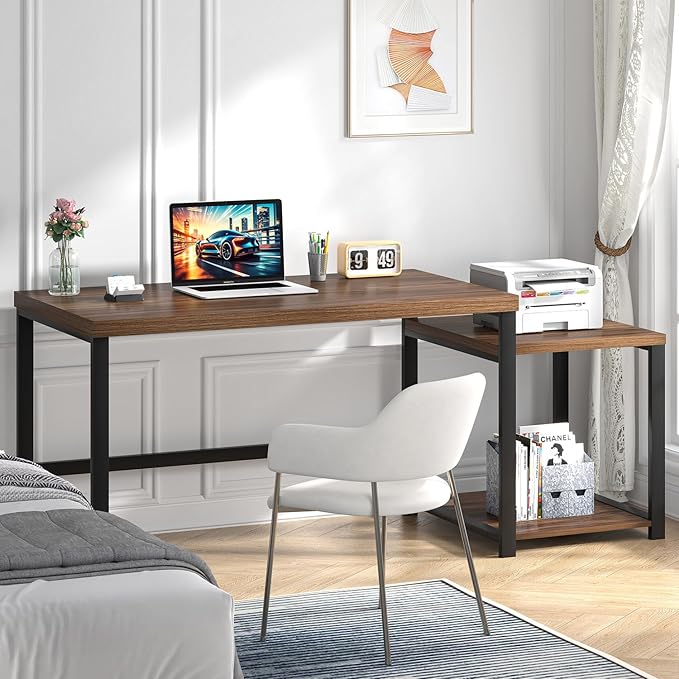 FOLUBAN Large Computer Desk, 63 Inch Home Office Desk with PC Tower Stand & Printer Space, Study Writing Gaming Table Workstation for Bedroom Living Room, Walnut