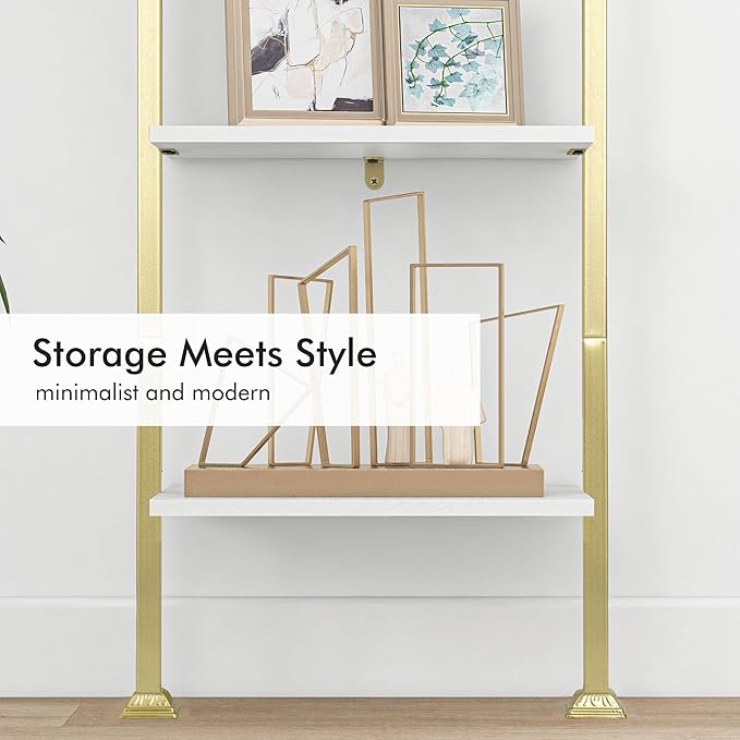 Axeman 5-Tier Ladder Bookcase, Tall Narrow Bookshelf for Small Spaces, Modern Book Storage Organizer Case Open Shelves for Living Room, Bedroom，Office, Library, Gold and White