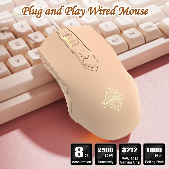 Lomiluskr AJ52 RGB Wired Gaming Mouse, 7 Programmable Buttons, Computer Mice with RGB Lighting, 200-4800 DPI Adjustable, for Windows/Mac OS/Linux (MilkTea)